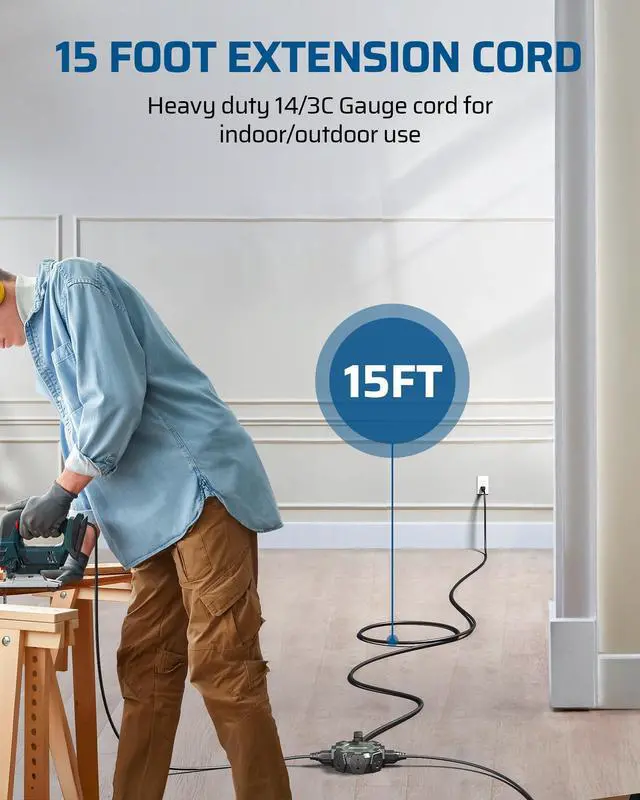 Alt view image 5 of 7 - Industrial Power Strip with 6-Outlet Power Hub, 15FT Heavy Duty Extension Cord for Garage, Workshop, SJTW 14/3 AWG, 15A Circuit Breaker, Swivel Safety Covers, Black, UL Listed