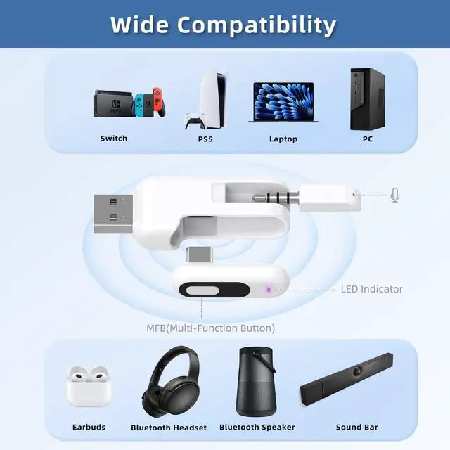 Alt view image 4 of 7 - USB-C Bluetooth Adapter for PS5, 2-in-1 USB-A Bluetooth Audio Adapter for PS5 with aptX-Adaptive & Low Latency, Wireless Audio Transmitter to Connect Bluetooth Headphones & Earbuds