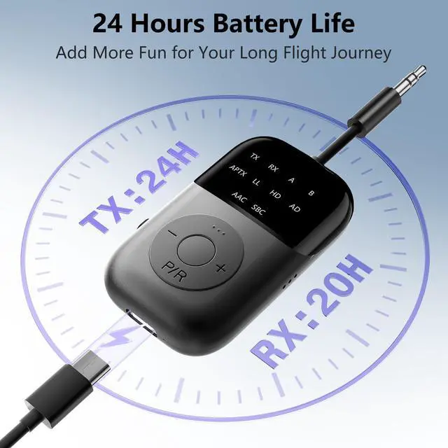 Alt view image 3 of 7 - Bluetooth 5.4 Transmitter Receiver, 2-in-1 Airplane Bluetooth Adapter, Dual Headphones & 24H Battery Life for TV, Airplane, Car, Tablets, Wireless TV Headpset, Compatible with AirPods & aptX