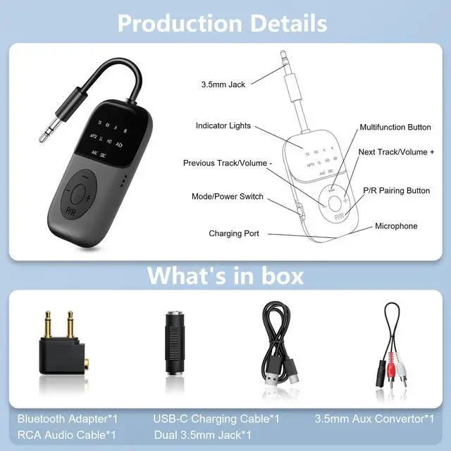 Alt view image 7 of 7 - Bluetooth 5.4 Transmitter Receiver, 2-in-1 Airplane Bluetooth Adapter, Dual Headphones & 24H Battery Life for TV, Airplane, Car, Tablets, Wireless TV Headpset, Compatible with AirPods & aptX