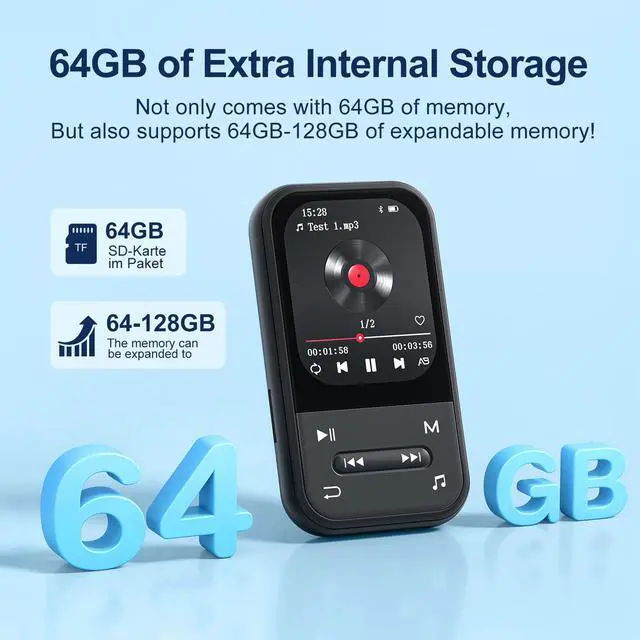 Alt view image 7 of 7 - 64GB Clip MP3 Player with Bluetooth 5.3, Music Player with FM Radio & Voice Recorder, E-Book, Portable Music Player Running & Workout, Supports up to 512GB, Earphones Included