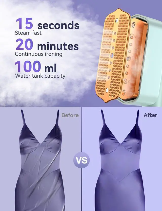 Alt view image 3 of 7 - Steamer for Clothes,Portable 2-in-1 Travel Steamer&Iron,15s Fast Heat-up,100ml Water Tank,Ironing Gloves,25 Min Powerful Continuous Steam,1000W&4 Modes Light Steam Iron for Travel&Home(Mint)