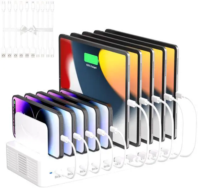 Main image of 100W Charging Station for Multiple Devices, 10-Port USB Fast Charging Station with Adjustable Dividers & 10 Cables- Multi Device Organizer Charging Dock for iPhone, iPad, Tablets & More(White)