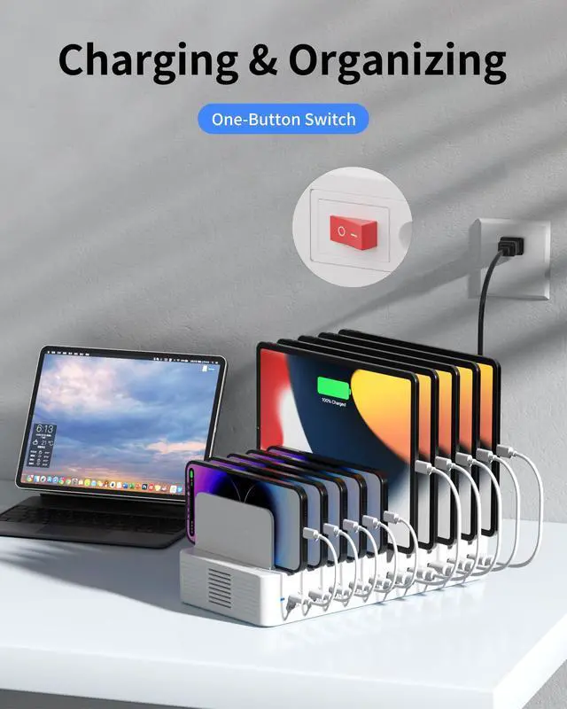 Alt view image 7 of 7 - 100W Charging Station for Multiple Devices, 10-Port USB Fast Charging Station with Adjustable Dividers & 10 Cables- Multi Device Organizer Charging Dock for iPhone, iPad, Tablets & More(White)