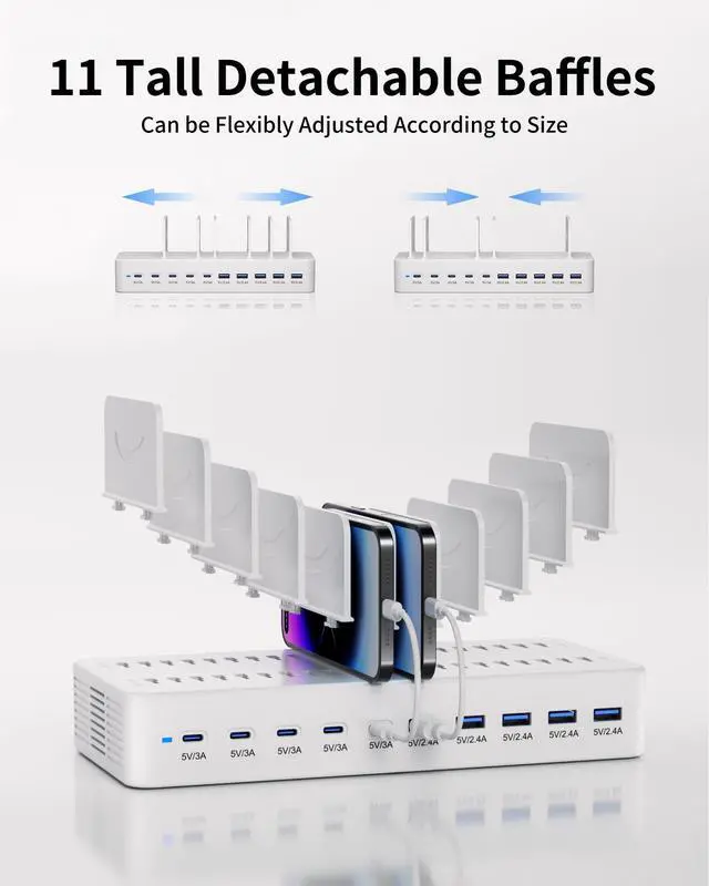 Alt view image 5 of 7 - 100W Charging Station for Multiple Devices, 10-Port USB Fast Charging Station with Adjustable Dividers & 10 Cables- Multi Device Organizer Charging Dock for iPhone, iPad, Tablets & More(White)