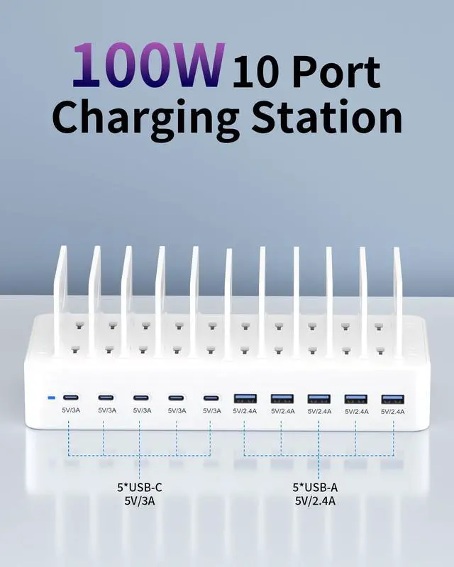 Alt view image 2 of 7 - 100W Charging Station for Multiple Devices, 10-Port USB Fast Charging Station with Adjustable Dividers & 10 Cables- Multi Device Organizer Charging Dock for iPhone, iPad, Tablets & More(White)