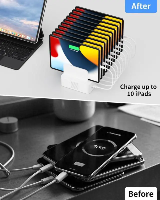 Alt view image 6 of 7 - 100W Charging Station for Multiple Devices, 10-Port USB Fast Charging Station with Adjustable Dividers & 10 Cables- Multi Device Organizer Charging Dock for iPhone, iPad, Tablets & More(White)