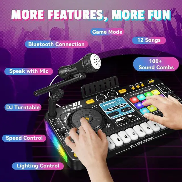 Alt view image 2 of 7 - for Kids, Toddler DJ Mixing Table with DJ Turntable, Game Mode, Light & Speed Control and Microphone, Gifts for 3 4 5 6 Years Old Boys Girls - Kid DJ Mixer Set