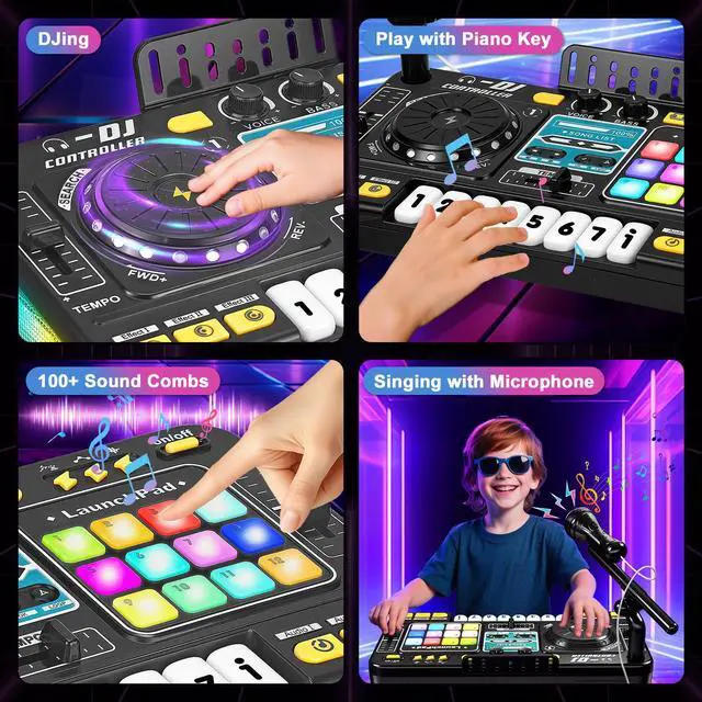 Alt view image 3 of 7 - for Kids, Toddler DJ Mixing Table with DJ Turntable, Game Mode, Light & Speed Control and Microphone, Gifts for 3 4 5 6 Years Old Boys Girls - Kid DJ Mixer Set