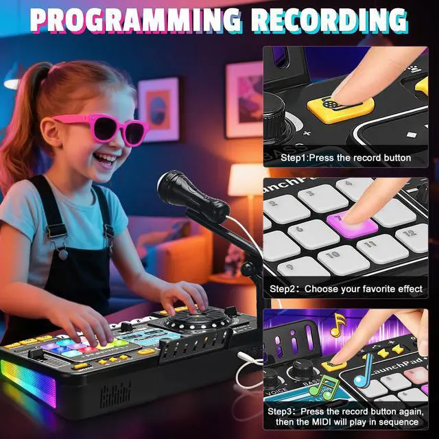 Alt view image 4 of 7 - for Kids, Toddler DJ Mixing Table with DJ Turntable, Game Mode, Light & Speed Control and Microphone, Gifts for 3 4 5 6 Years Old Boys Girls - Kid DJ Mixer Set