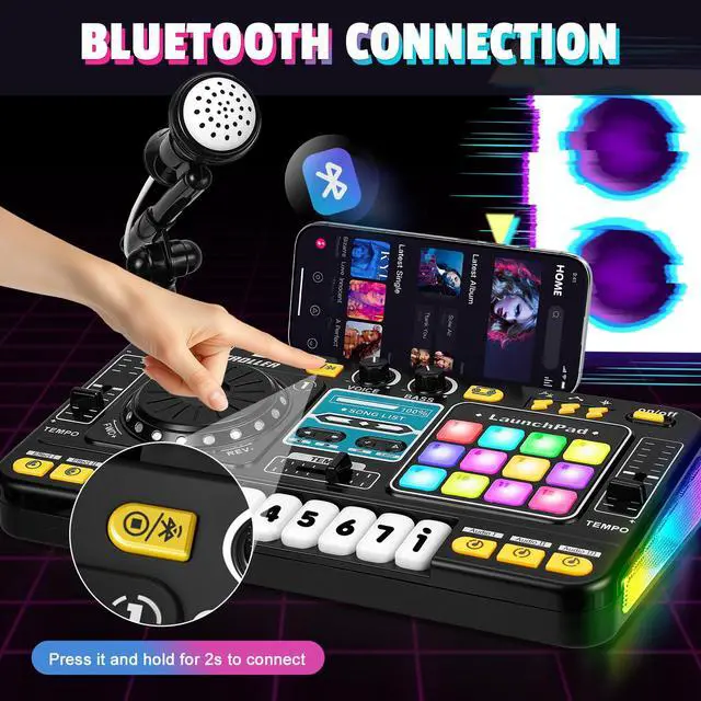 Alt view image 6 of 7 - for Kids, Toddler DJ Mixing Table with DJ Turntable, Game Mode, Light & Speed Control and Microphone, Gifts for 3 4 5 6 Years Old Boys Girls - Kid DJ Mixer Set