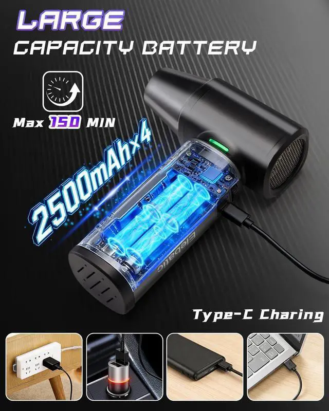 Alt view image 5 of 7 - Compressed Air Duster Rechargeale, 300000 RPM Duster Blower with LED Light, 3-Gear Adjustable PC Duster for Keyboard, Metal Air Blower for Car Detailing, Pet Car Drying, House Cleaning
