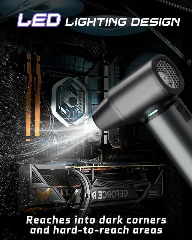 Alt view image 6 of 7 - Compressed Air Duster Rechargeale, 300000 RPM Duster Blower with LED Light, 3-Gear Adjustable PC Duster for Keyboard, Metal Air Blower for Car Detailing, Pet Car Drying, House Cleaning
