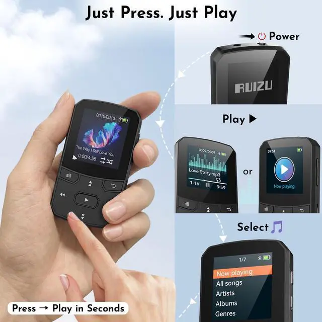 Alt view image 3 of 5 - 64GB Clip-On MP3 Player with Bluetooth 5.3 Auto-Reconnect, Portable Music Player with Simple Button Controls for Running & Sports, FM Radio, Voice Recorder, Supports 128GB Micro SD Card, Black