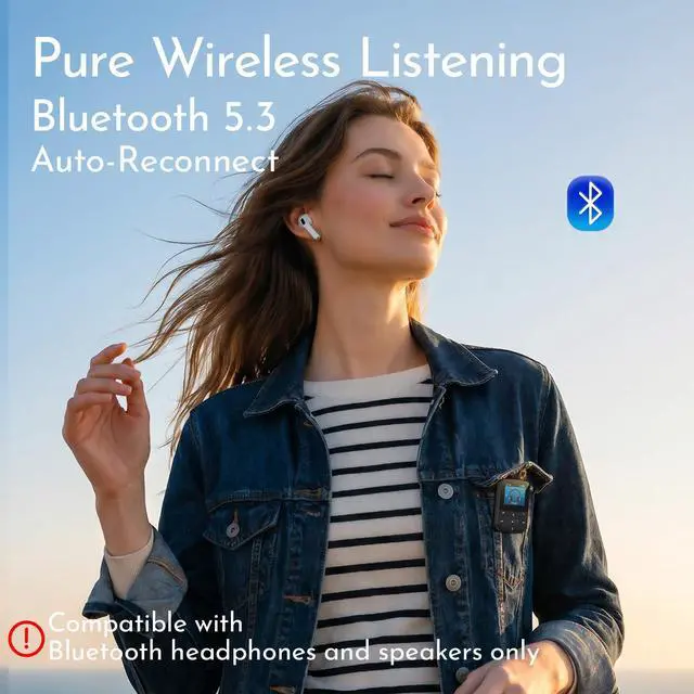 Alt view image 2 of 5 - 64GB Clip-On MP3 Player with Bluetooth 5.3 Auto-Reconnect, Portable Music Player with Simple Button Controls for Running & Sports, FM Radio, Voice Recorder, Supports 128GB Micro SD Card, Black