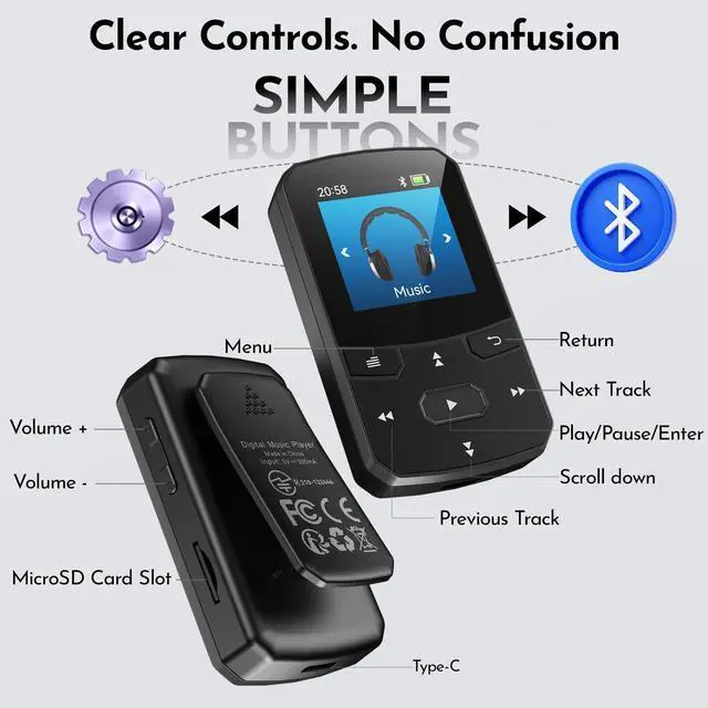 Alt view image 4 of 5 - 64GB Clip-On MP3 Player with Bluetooth 5.3 Auto-Reconnect, Portable Music Player with Simple Button Controls for Running & Sports, FM Radio, Voice Recorder, Supports 128GB Micro SD Card, Black