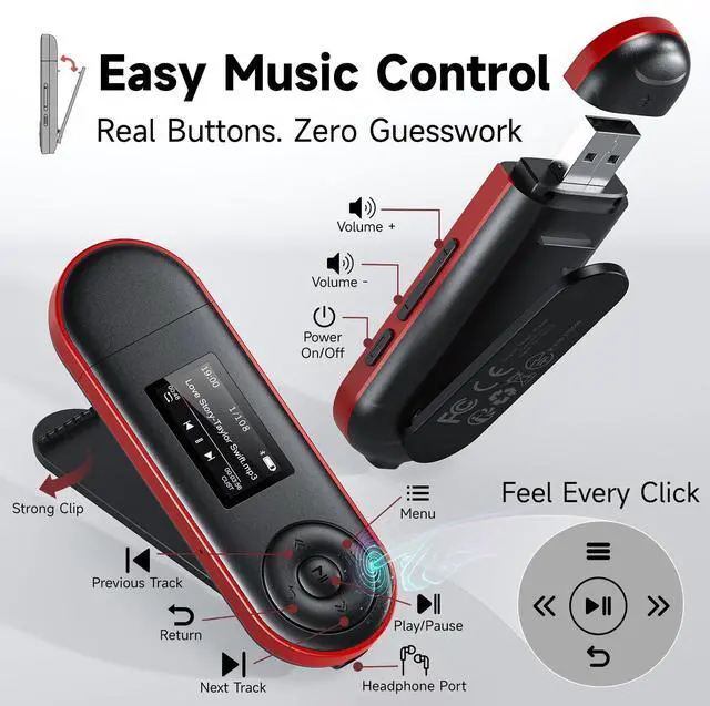 Alt view image 2 of 7 - 64GB USB MP3 Player with Bluetooth 5.3, Clip Music Player for Running Workout Walking, Bookmarks & Resume Playback, Physical Buttons, FM Radio, Voice Recorder, Supports Smartphone File Transfer