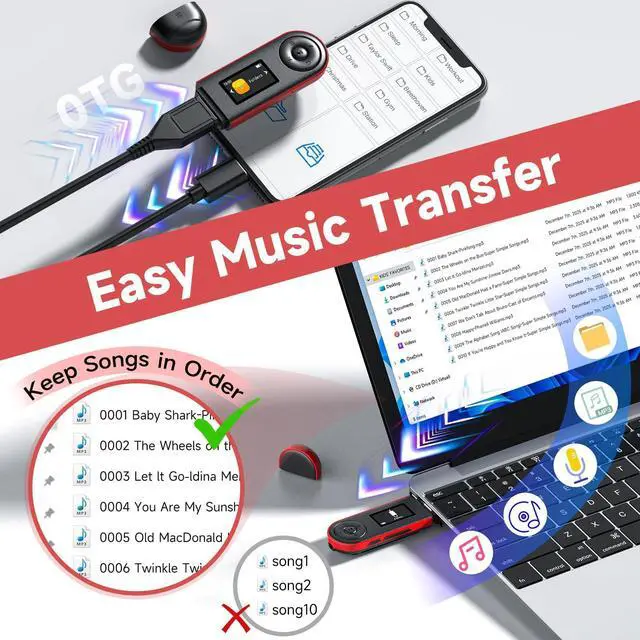 Alt view image 3 of 7 - 64GB USB MP3 Player with Bluetooth 5.3, Clip Music Player for Running Workout Walking, Bookmarks & Resume Playback, Physical Buttons, FM Radio, Voice Recorder, Supports Smartphone File Transfer