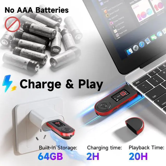 Alt view image 5 of 7 - 64GB USB MP3 Player with Bluetooth 5.3, Clip Music Player for Running Workout Walking, Bookmarks & Resume Playback, Physical Buttons, FM Radio, Voice Recorder, Supports Smartphone File Transfer