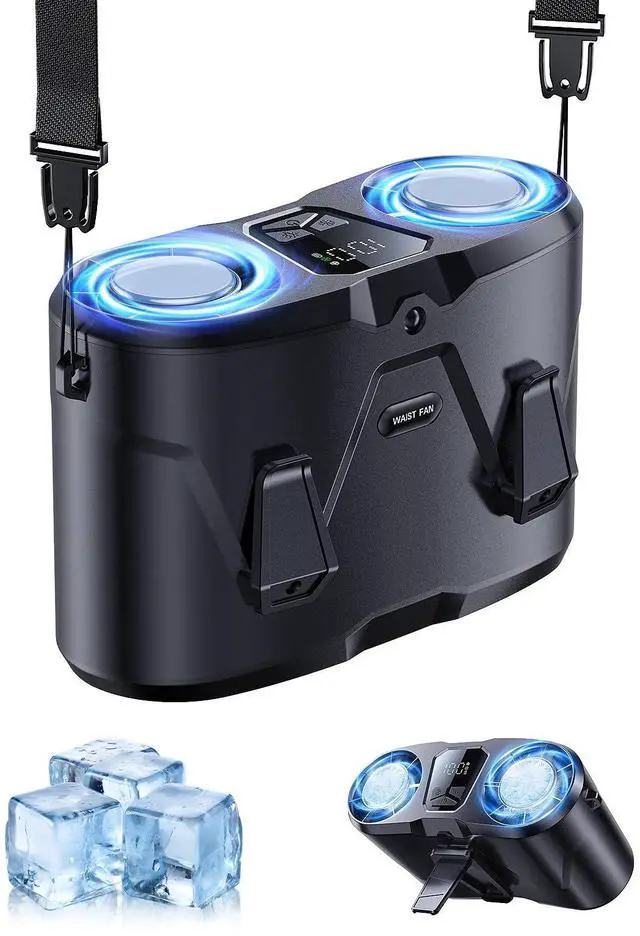 Main image of Dual-Motor Rechargeable Waist Fan with Ice Cooling, 25000 RPM High-Speed Neck Belt Clip-on Fan with 10 Gears, LED Display & Flashlight, Hands-Free Personal Fan for Work Outdoor Travel, Black