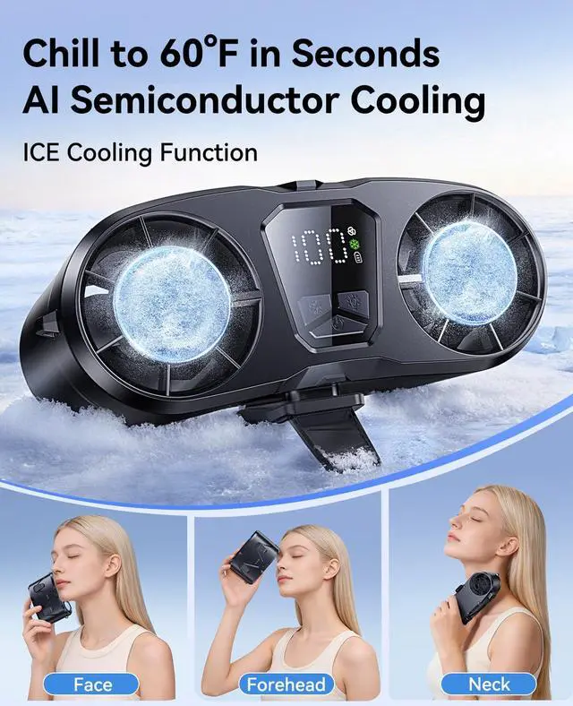 Alt view image 2 of 7 - Dual-Motor Rechargeable Waist Fan with Ice Cooling, 25000 RPM High-Speed Neck Belt Clip-on Fan with 10 Gears, LED Display & Flashlight, Hands-Free Personal Fan for Work Outdoor Travel, Black