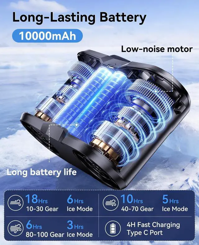 Alt view image 4 of 7 - Dual-Motor Rechargeable Waist Fan with Ice Cooling, 25000 RPM High-Speed Neck Belt Clip-on Fan with 10 Gears, LED Display & Flashlight, Hands-Free Personal Fan for Work Outdoor Travel, Black