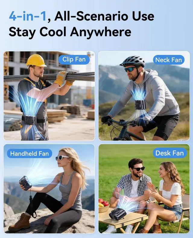 Alt view image 6 of 7 - Dual-Motor Rechargeable Waist Fan with Ice Cooling, 25000 RPM High-Speed Neck Belt Clip-on Fan with 10 Gears, LED Display & Flashlight, Hands-Free Personal Fan for Work Outdoor Travel, Black