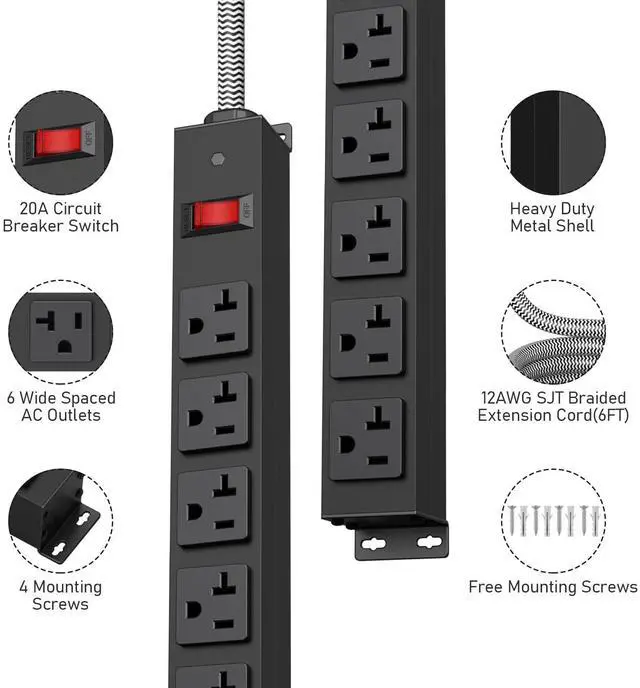 Alt view image 2 of 7 - 20 Amp Power Strip with 5-20P/T- Plug, Heavy Duty High Amp Metal Surge Protector, Mountable Industrial Power Strip with 6AC Outlets(5-20R) and Circuit Breaker, 10FT 12AWG Extension Cord