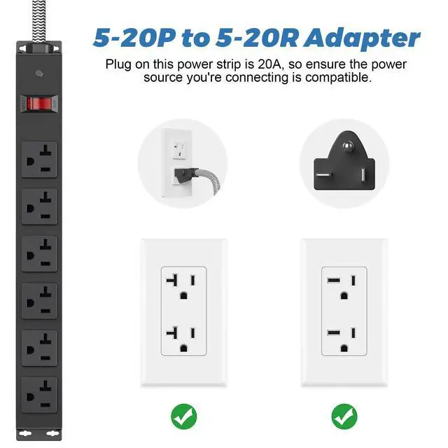 Alt view image 3 of 7 - 20 Amp Power Strip with 5-20P/T- Plug, Heavy Duty High Amp Metal Surge Protector, Mountable Industrial Power Strip with 6AC Outlets(5-20R) and Circuit Breaker, 10FT 12AWG Extension Cord