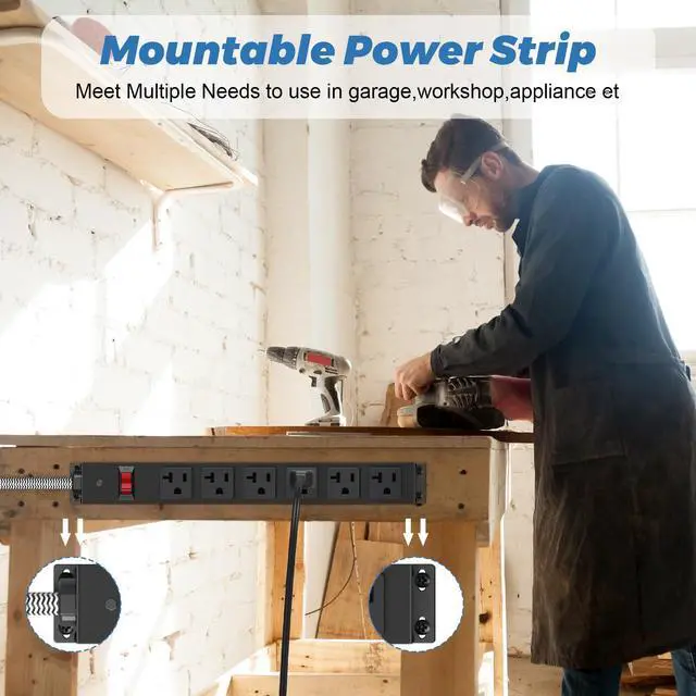 Alt view image 5 of 7 - 20 Amp Power Strip with 5-20P/T- Plug, Heavy Duty High Amp Metal Surge Protector, Mountable Industrial Power Strip with 6AC Outlets(5-20R) and Circuit Breaker, 10FT 12AWG Extension Cord