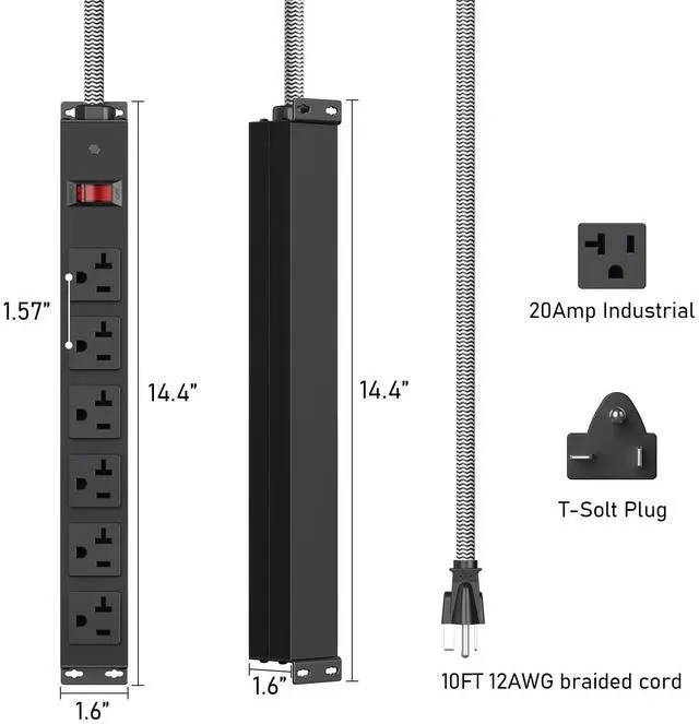 Alt view image 7 of 7 - 20 Amp Power Strip with 5-20P/T- Plug, Heavy Duty High Amp Metal Surge Protector, Mountable Industrial Power Strip with 6AC Outlets(5-20R) and Circuit Breaker, 10FT 12AWG Extension Cord