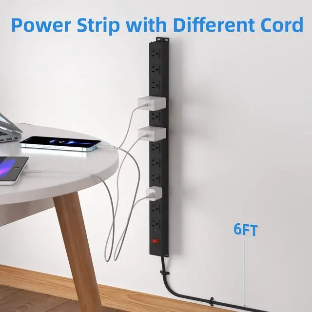 Alt view image 5 of 7 - 12 Outlet Long Power Strip with 15A Circuit Breaker,Black Wall Mount Heavy Duty Power Strip with 6FT/14AWG/15A/125V Extension Cord for Industrial,Garge,Office,Home and School,Black(6FT)