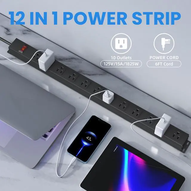 Alt view image 2 of 7 - 12 Outlet Long Power Strip with 15A Circuit Breaker,Black Wall Mount Heavy Duty Power Strip with 6FT/14AWG/15A/125V Extension Cord for Industrial,Garge,Office,Home and School,Black(6FT)