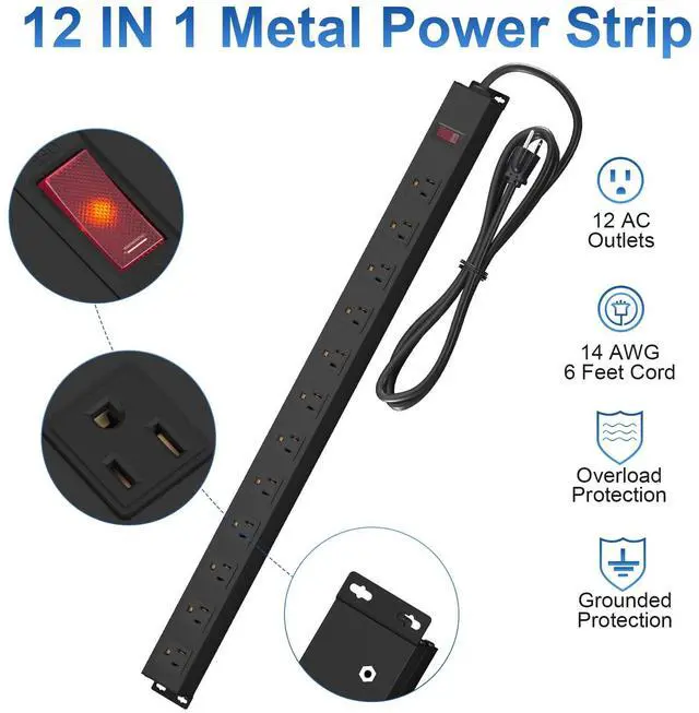 Alt view image 7 of 7 - 12 Outlet Long Power Strip with 15A Circuit Breaker,Black Wall Mount Heavy Duty Power Strip with 6FT/14AWG/15A/125V Extension Cord for Industrial,Garge,Office,Home and School,Black(6FT)