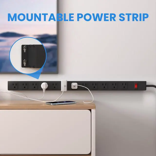 Alt view image 4 of 7 - 12 Outlet Long Power Strip with 15A Circuit Breaker,Black Wall Mount Heavy Duty Power Strip with 6FT/14AWG/15A/125V Extension Cord for Industrial,Garge,Office,Home and School,Black(6FT)