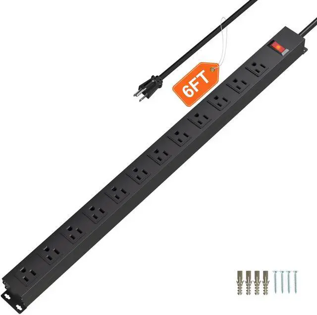 Main image of 12 Outlet Long Power Strip with 15A Circuit Breaker,Black Wall Mount Heavy Duty Power Strip with 6FT/14AWG/15A/125V Extension Cord for Industrial,Garge,Office,Home and School,Black(6FT)