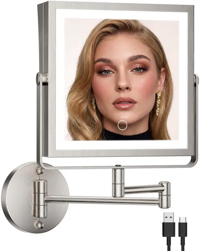 Main image of Rechargeable Wall Mounted Makeup Mirror with Lights, 4000mAh Double Sided 1X/10X Magnifying Vanity Mirror with 3 Color Lights, Touch Dimmable, 360° Extension Foldable Arm(Brushed Nickel