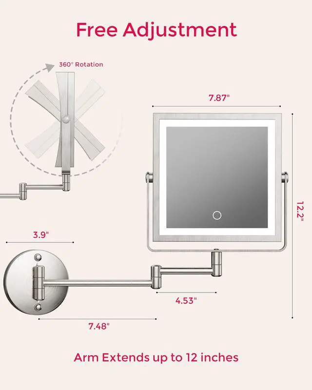 Alt view image 6 of 7 - Rechargeable Wall Mounted Makeup Mirror with Lights, 4000mAh Double Sided 1X/10X Magnifying Vanity Mirror with 3 Color Lights, Touch Dimmable, 360° Extension Foldable Arm(Brushed Nickel