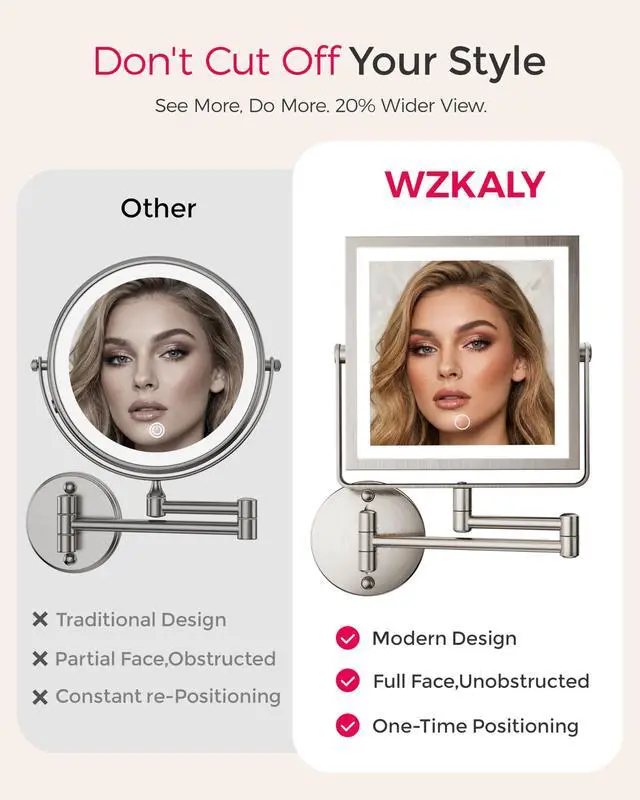 Alt view image 5 of 7 - Rechargeable Wall Mounted Makeup Mirror with Lights, 4000mAh Double Sided 1X/10X Magnifying Vanity Mirror with 3 Color Lights, Touch Dimmable, 360° Extension Foldable Arm(Brushed Nickel