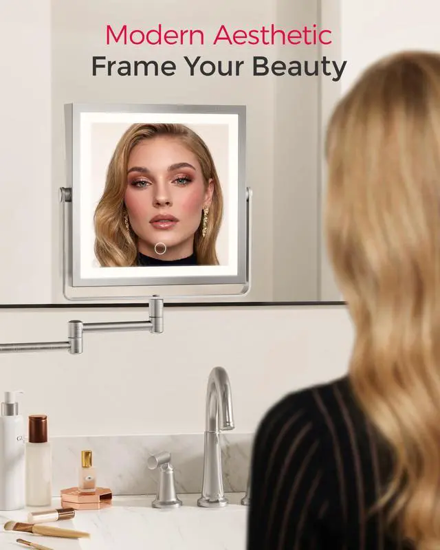 Alt view image 7 of 7 - Rechargeable Wall Mounted Makeup Mirror with Lights, 4000mAh Double Sided 1X/10X Magnifying Vanity Mirror with 3 Color Lights, Touch Dimmable, 360° Extension Foldable Arm(Brushed Nickel