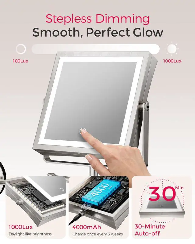 Alt view image 4 of 7 - Rechargeable Wall Mounted Makeup Mirror with Lights, 4000mAh Double Sided 1X/10X Magnifying Vanity Mirror with 3 Color Lights, Touch Dimmable, 360° Extension Foldable Arm(Brushed Nickel