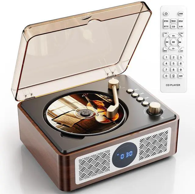 Main image of Portable CD Player Bluetooth with Speakers - Lehwey Desktop CD Players for Home, Built-in Dual Stereo Speakers, FM Radio, Repeat, Remote Control, Supports USB/AUX/Type-C, Retro Gift, for Kids, Brown