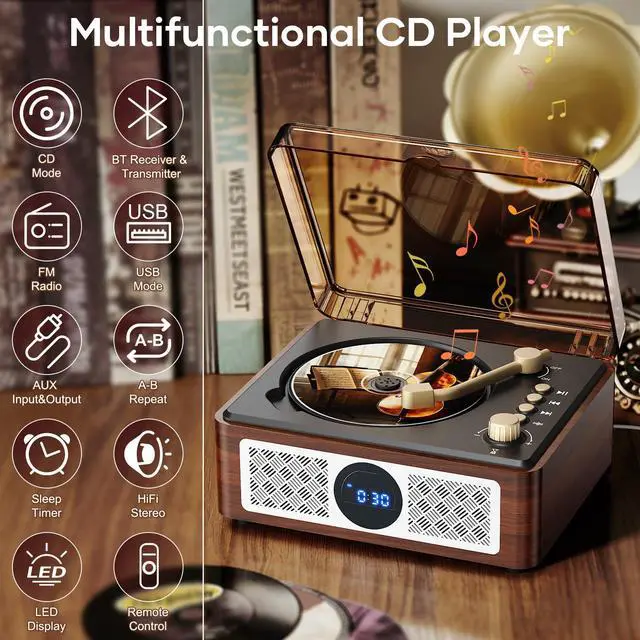 Alt view image 2 of 7 - Portable CD Player Bluetooth with Speakers - Lehwey Desktop CD Players for Home, Built-in Dual Stereo Speakers, FM Radio, Repeat, Remote Control, Supports USB/AUX/Type-C, Retro Gift, for Kids, Brown