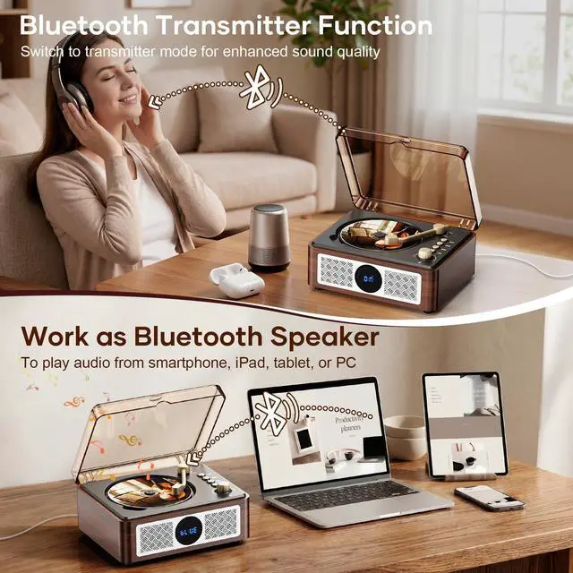 Alt view image 3 of 7 - Portable CD Player Bluetooth with Speakers - Lehwey Desktop CD Players for Home, Built-in Dual Stereo Speakers, FM Radio, Repeat, Remote Control, Supports USB/AUX/Type-C, Retro Gift, for Kids, Brown