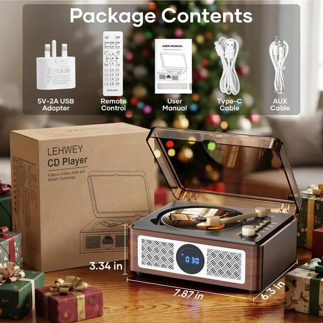 Alt view image 7 of 7 - Portable CD Player Bluetooth with Speakers - Lehwey Desktop CD Players for Home, Built-in Dual Stereo Speakers, FM Radio, Repeat, Remote Control, Supports USB/AUX/Type-C, Retro Gift, for Kids, Brown