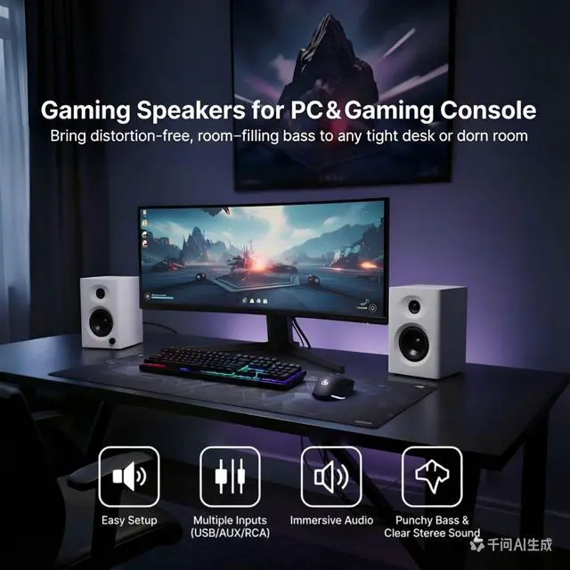 Alt view image 3 of 7 - Computer Speakers for Desktop PC, 60W Bluetooth 5.3 Stereo 2.0 System with Bass, Compact Powered Bookshelf Speakers for Office, Monitors, Laptop, Gaming, TV, Gifts (White, Pair)