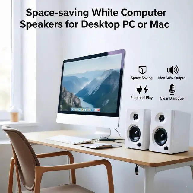 Alt view image 2 of 7 - Computer Speakers for Desktop PC, 60W Bluetooth 5.3 Stereo 2.0 System with Bass, Compact Powered Bookshelf Speakers for Office, Monitors, Laptop, Gaming, TV, Gifts (White, Pair)
