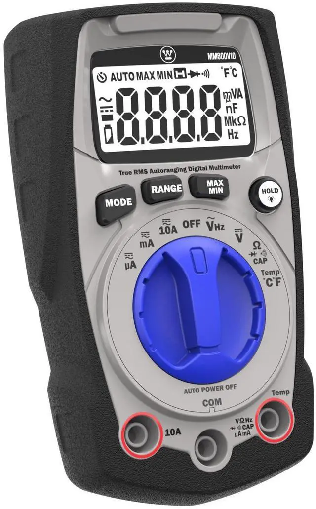 Main image of 600V True RMS Auto-Ranging Multimeter with Backlight and MAX/MIN; Measures Voltage Current Resistance Capacitance Frequency Temperature; 2-Year Warranty; Professional & DIY Use