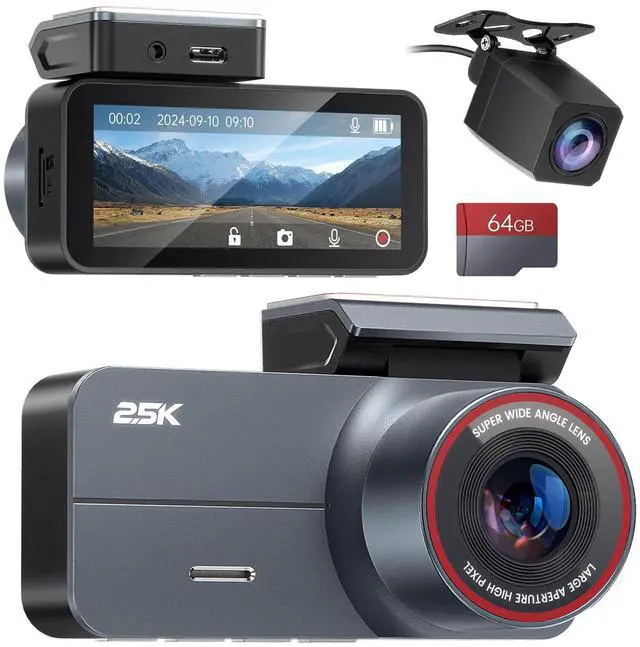 Main image of 2.5K Dash Cam Front and Rear with 64GB Card, Car Camera with 3.39" IPS Screen, WDR Night Vision, Parking Monitor, G-Sensor Dash Camera