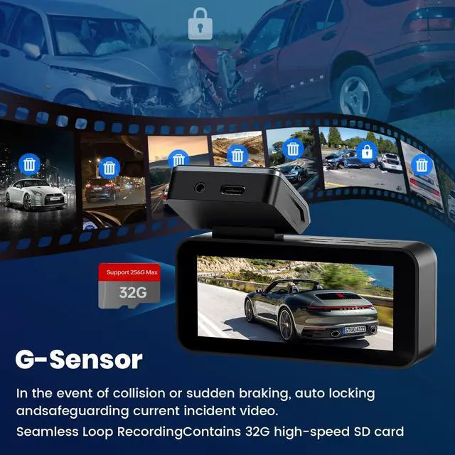 Alt view image 7 of 7 - 2.5K Dash Cam Front and Rear with 64GB Card, Car Camera with 3.39" IPS Screen, WDR Night Vision, Parking Monitor, G-Sensor Dash Camera